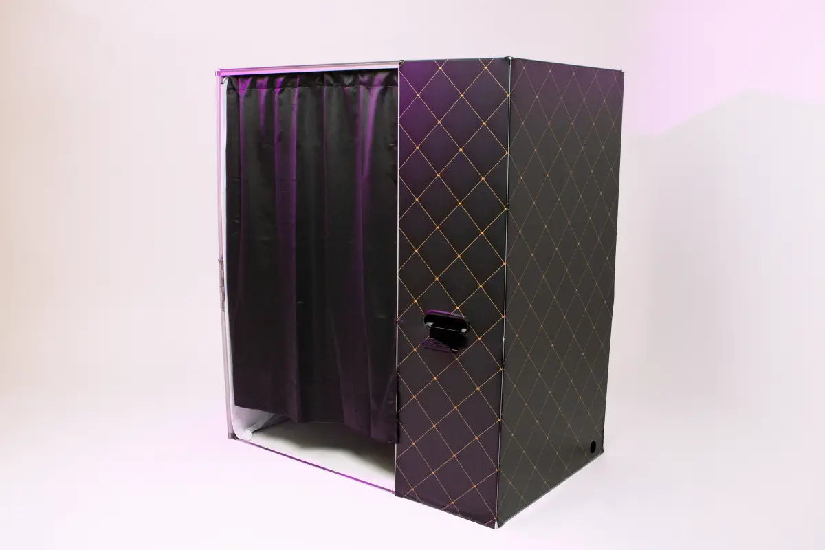 Classic enclosed photo booth Los Angeles event — curtained photo booth studio quality — Captured Celebrations