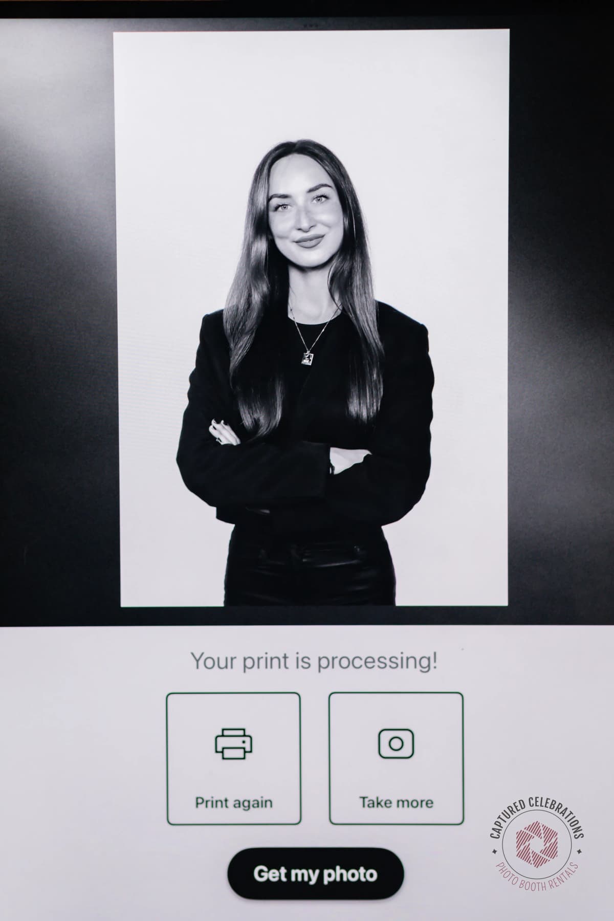 Headshot processing screen showing print delivery at Los Angeles corporate event — Captured Celebrations