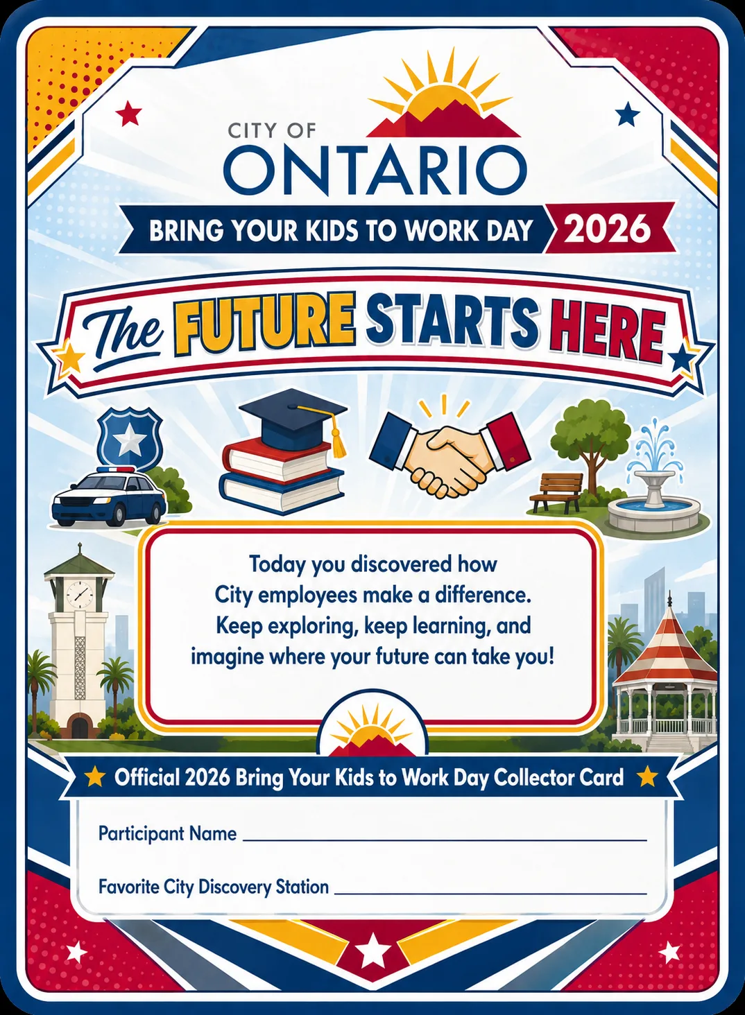 Back of the City of Ontario collector card — The Future Starts Here theme with public-service icons, participant name line, and Favorite City Discovery Station write-in
