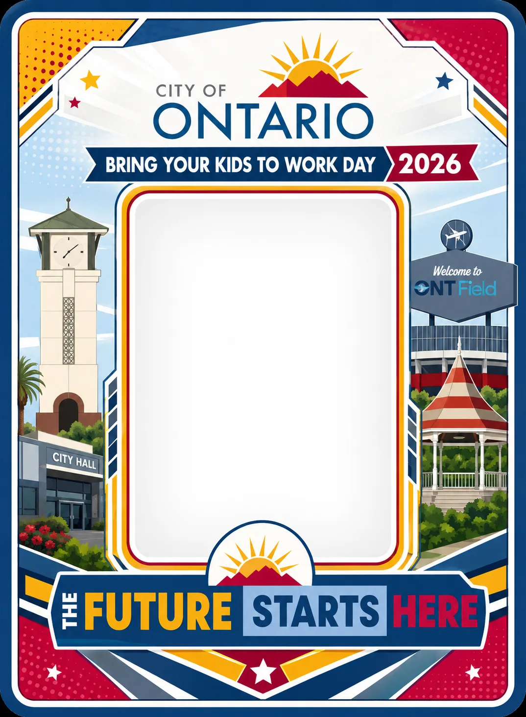 Front of the City of Ontario Bring Your Kids to Work Day 2026 collector card — photo window framed by Ontario landmarks including City Hall, the gazebo, and ONT Field